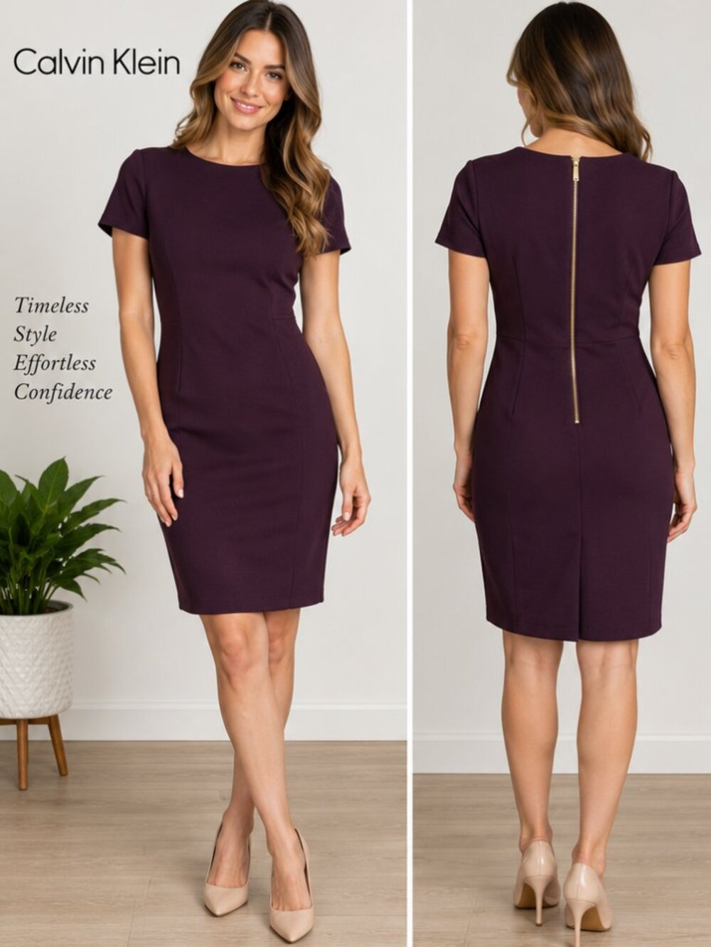 Calvin Klein Scuba Crepe Sheath Dress Women Aubergine Plum Gold Back Zip Size 8